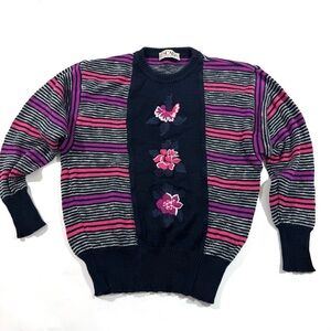 Escada Vintage Grandma Sweater Blue Embroidered Floral Stripes